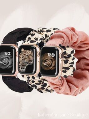 TOYOUTHS Scrunchie Apple Watch Bands Set of 3 Black Leopard Pink Small